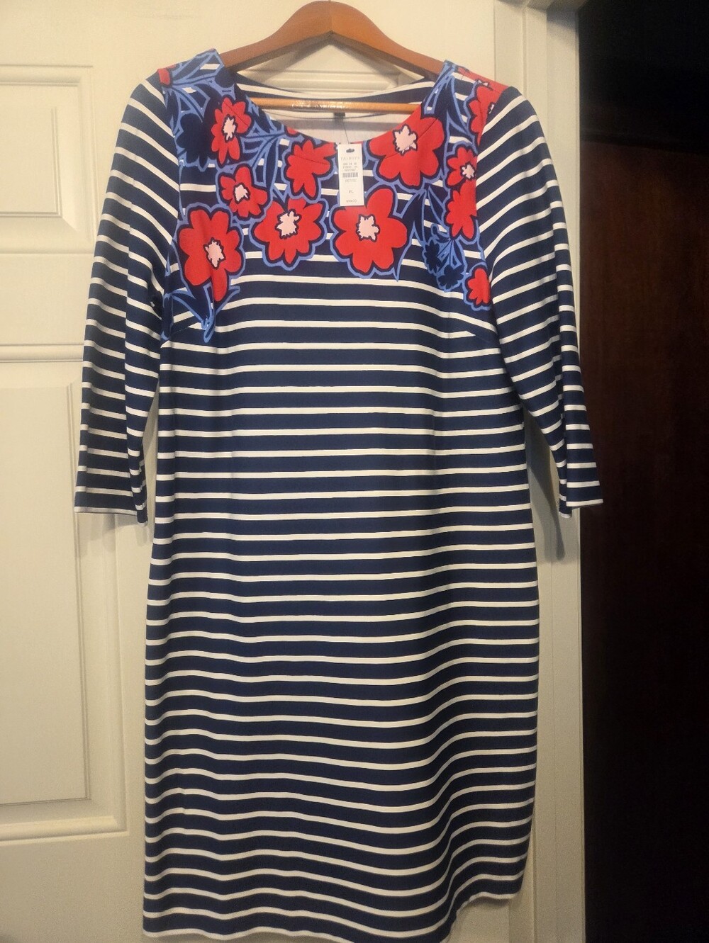Talbots Navy and White Striped Dress with Red Floral Yoke